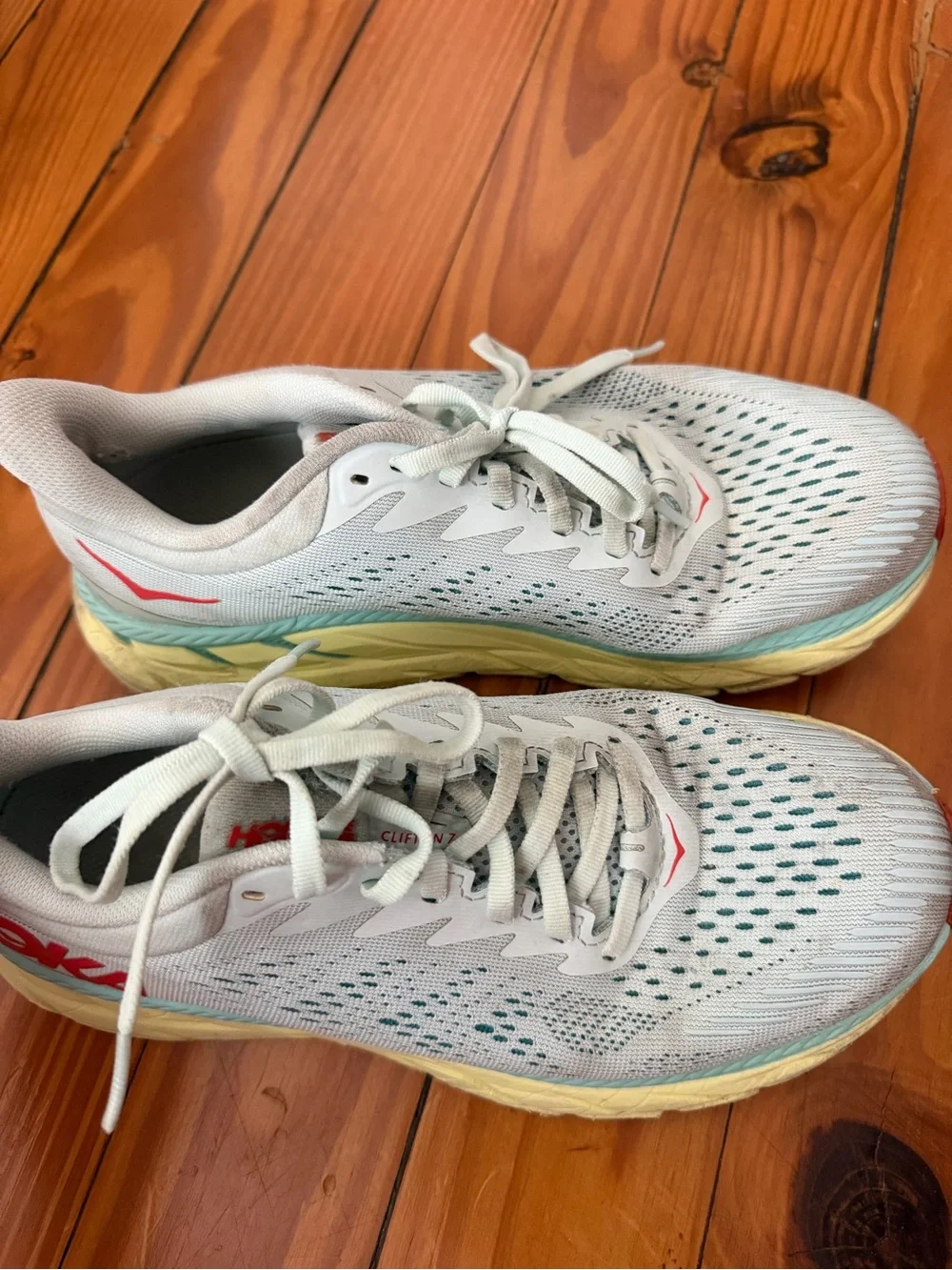 Hoka Women's Light Mint Athletic Shoes with Yellow Midsole and Coral Logo size 7